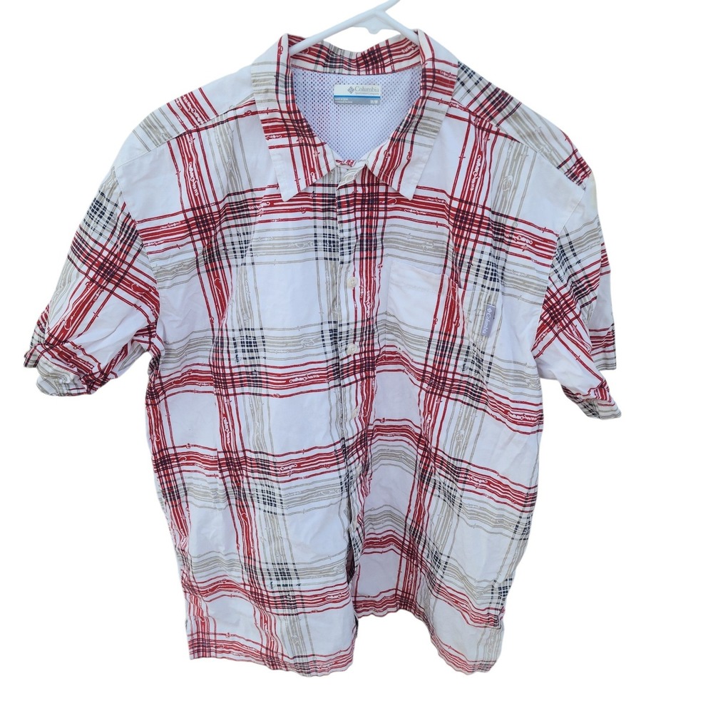 Columbia PFG Fishing Shirt Mens Medium Red White Plaid Short Sleeve Ventilated